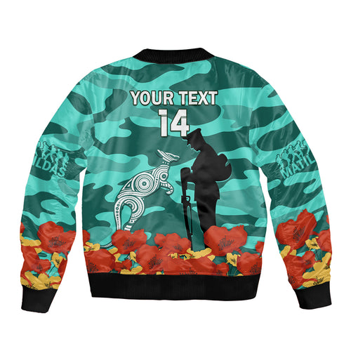 Custom Matildas ANZAC Day Bomber Jacket Lest We Forget Poppies Mix Camouflage Turquoise
