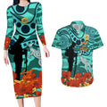 Custom Matildas ANZAC Day Couples Matching Long Sleeve Bodycon Dress and Hawaiian Shirt Lest We Forget Poppies Mix Camouflage Turquoise