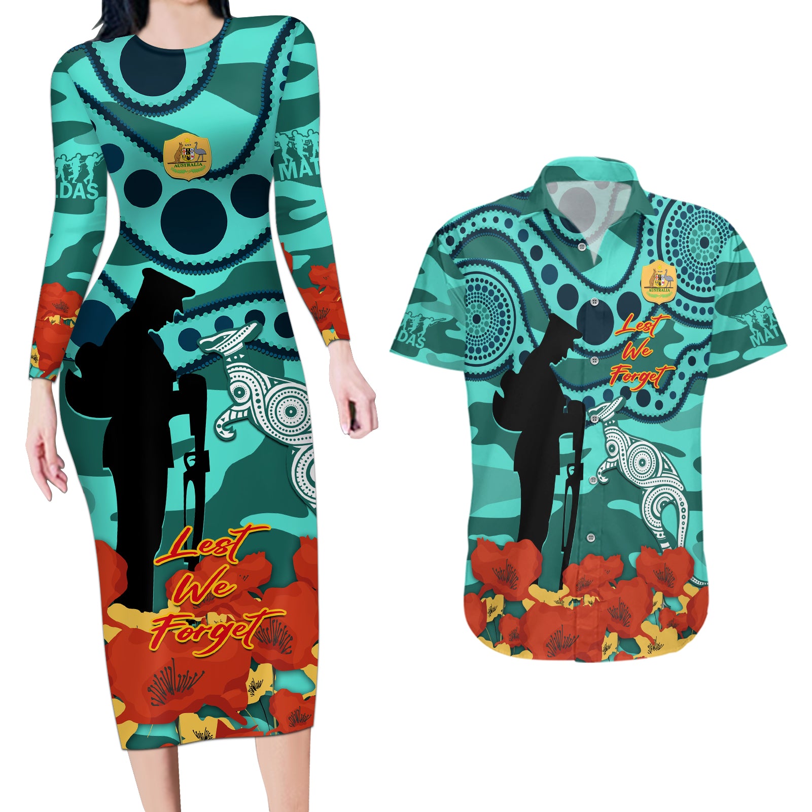 Custom Matildas ANZAC Day Couples Matching Long Sleeve Bodycon Dress and Hawaiian Shirt Lest We Forget Poppies Mix Camouflage Turquoise