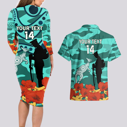 Custom Matildas ANZAC Day Couples Matching Long Sleeve Bodycon Dress and Hawaiian Shirt Lest We Forget Poppies Mix Camouflage Turquoise
