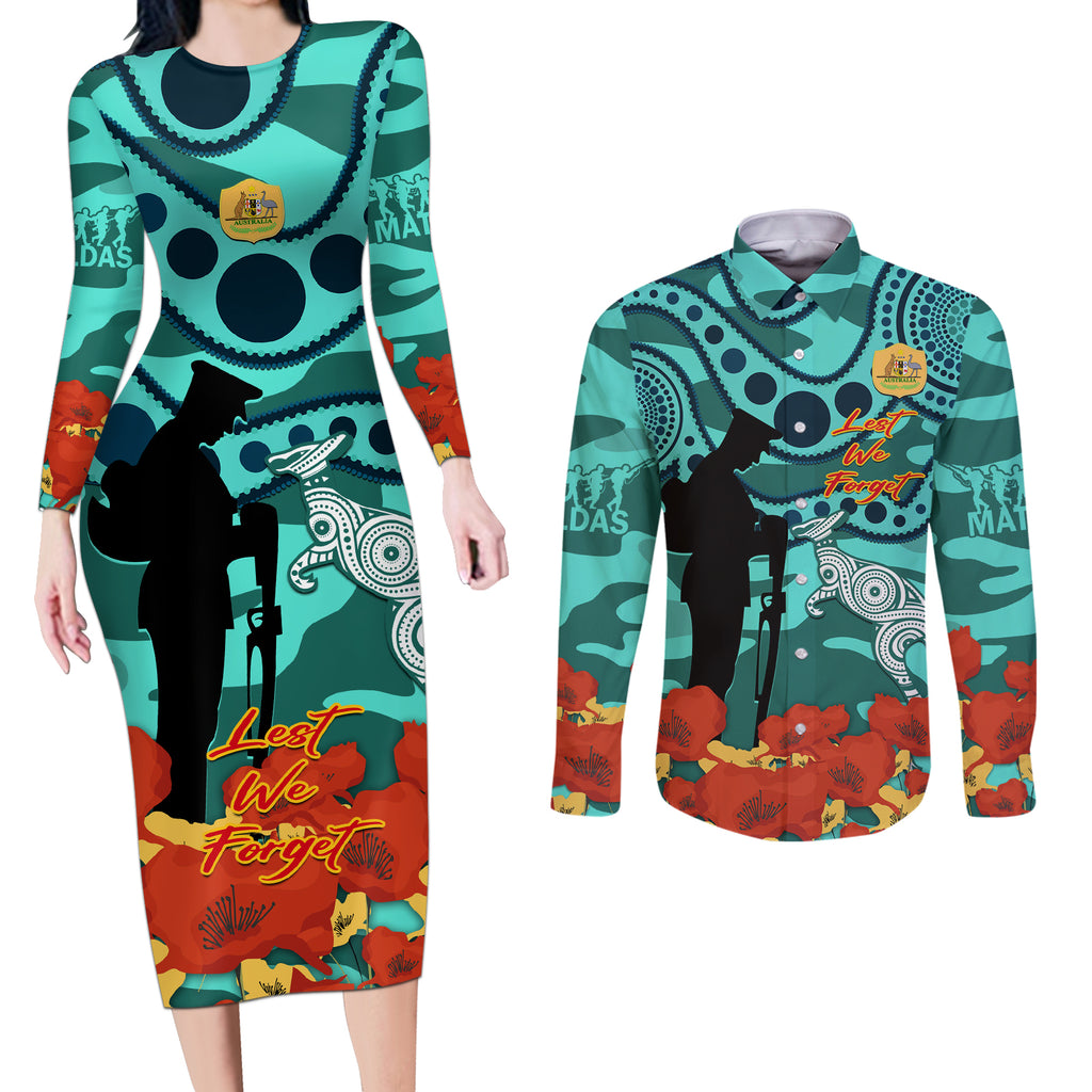 Custom Matildas ANZAC Day Couples Matching Long Sleeve Bodycon Dress and Long Sleeve Button Shirt Lest We Forget Poppies Mix Camouflage Turquoise