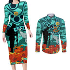 Custom Matildas ANZAC Day Couples Matching Long Sleeve Bodycon Dress and Long Sleeve Button Shirt Lest We Forget Poppies Mix Camouflage Turquoise