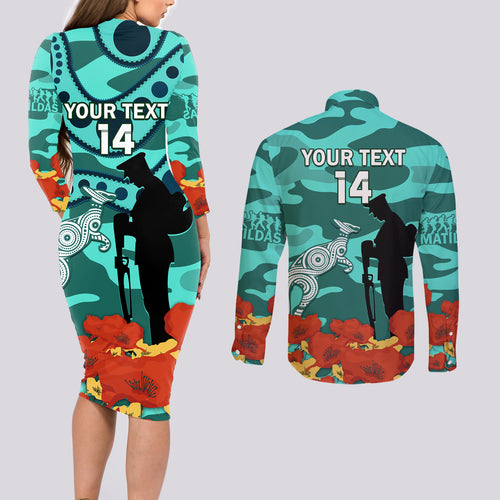 Custom Matildas ANZAC Day Couples Matching Long Sleeve Bodycon Dress and Long Sleeve Button Shirt Lest We Forget Poppies Mix Camouflage Turquoise