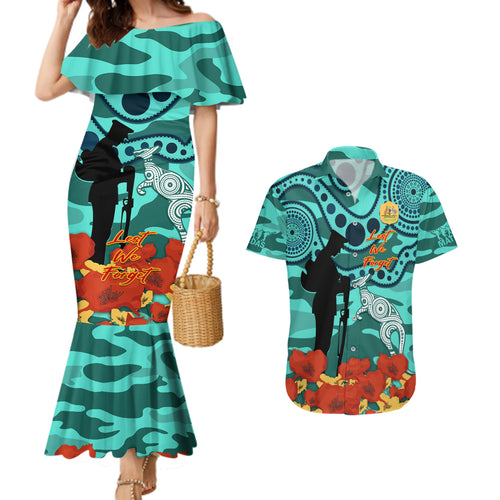 Custom Matildas ANZAC Day Couples Matching Mermaid Dress and Hawaiian Shirt Lest We Forget Poppies Mix Camouflage Turquoise