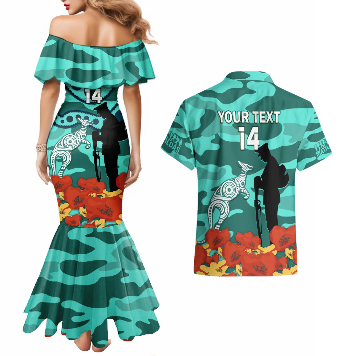 Custom Matildas ANZAC Day Couples Matching Mermaid Dress and Hawaiian Shirt Lest We Forget Poppies Mix Camouflage Turquoise