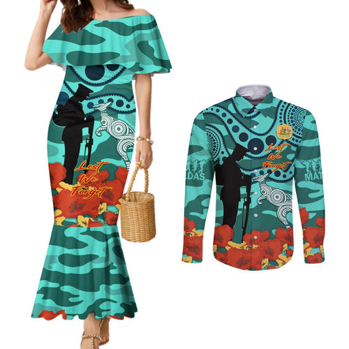 Custom Matildas ANZAC Day Couples Matching Mermaid Dress and Long Sleeve Button Shirt Lest We Forget Poppies Mix Camouflage Turquoise