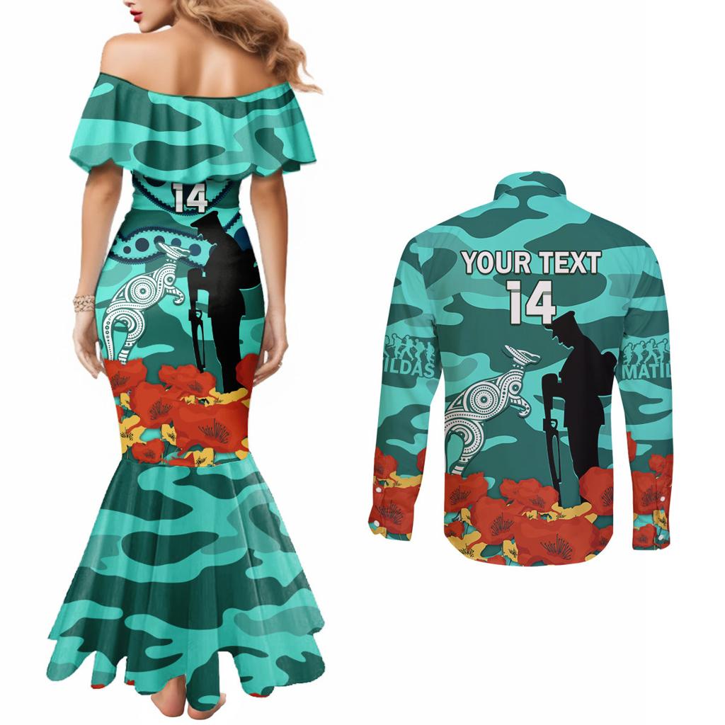 Custom Matildas ANZAC Day Couples Matching Mermaid Dress and Long Sleeve Button Shirt Lest We Forget Poppies Mix Camouflage Turquoise