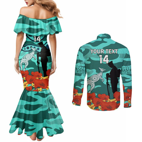 Custom Matildas ANZAC Day Couples Matching Mermaid Dress and Long Sleeve Button Shirt Lest We Forget Poppies Mix Camouflage Turquoise