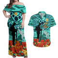 Custom Matildas ANZAC Day Couples Matching Off Shoulder Maxi Dress and Hawaiian Shirt Lest We Forget Poppies Mix Camouflage Turquoise