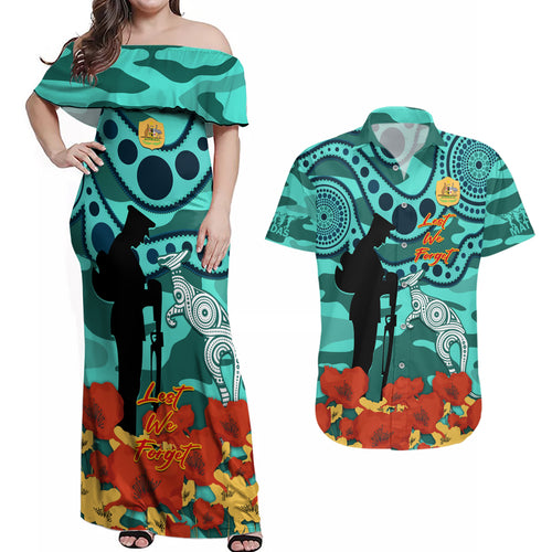 Custom Matildas ANZAC Day Couples Matching Off Shoulder Maxi Dress and Hawaiian Shirt Lest We Forget Poppies Mix Camouflage Turquoise