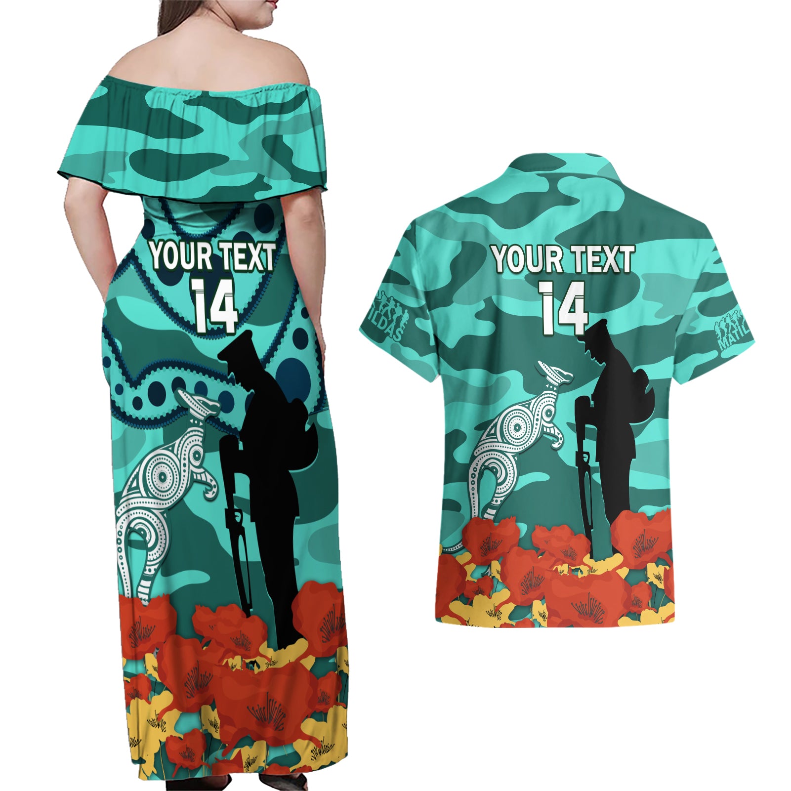 Custom Matildas ANZAC Day Couples Matching Off Shoulder Maxi Dress and Hawaiian Shirt Lest We Forget Poppies Mix Camouflage Turquoise