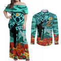 Custom Matildas ANZAC Day Couples Matching Off Shoulder Maxi Dress and Long Sleeve Button Shirt Lest We Forget Poppies Mix Camouflage Turquoise
