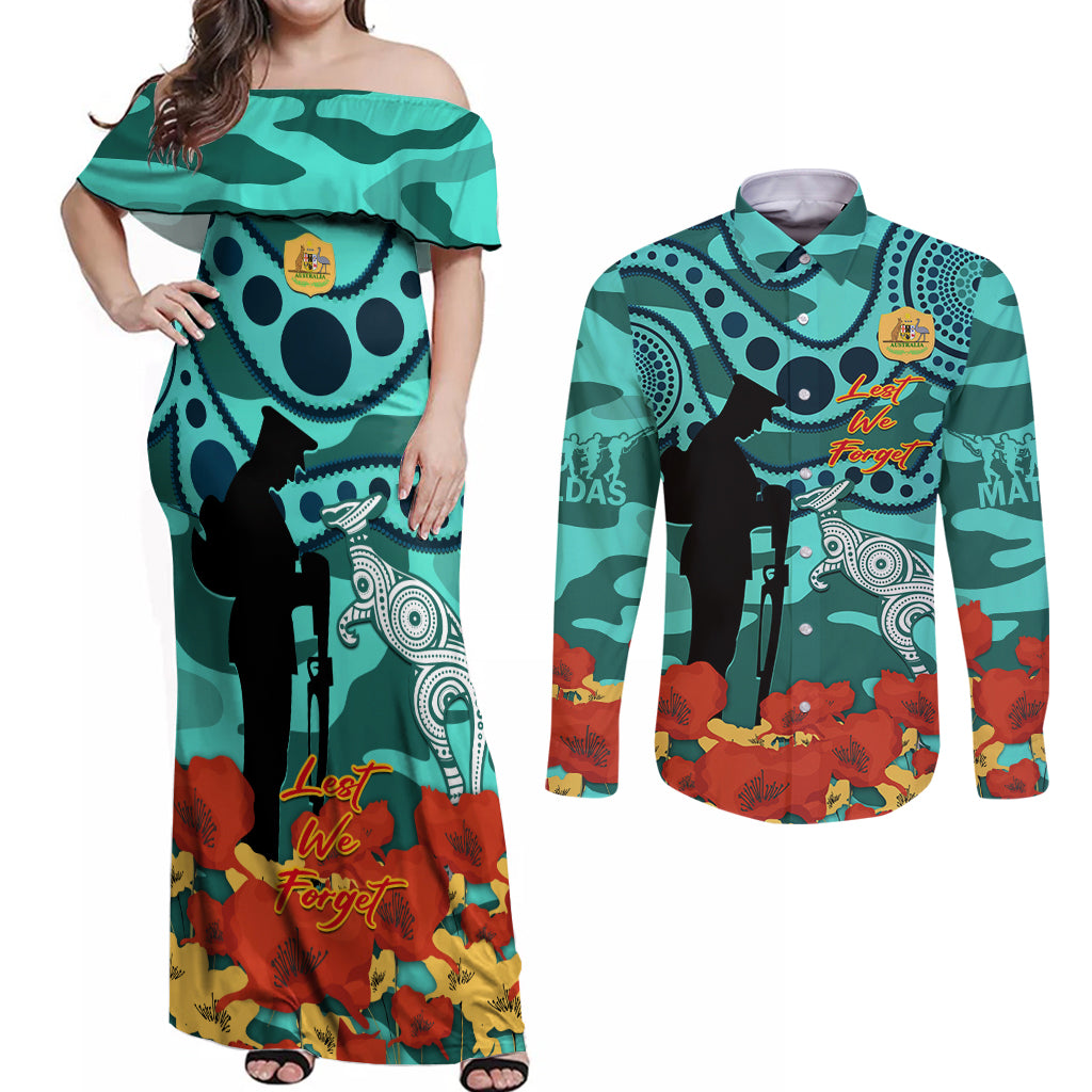 Custom Matildas ANZAC Day Couples Matching Off Shoulder Maxi Dress and Long Sleeve Button Shirt Lest We Forget Poppies Mix Camouflage Turquoise