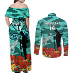 Custom Matildas ANZAC Day Couples Matching Off Shoulder Maxi Dress and Long Sleeve Button Shirt Lest We Forget Poppies Mix Camouflage Turquoise