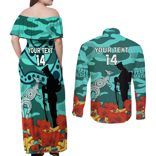Custom Matildas ANZAC Day Couples Matching Off Shoulder Maxi Dress and Long Sleeve Button Shirt Lest We Forget Poppies Mix Camouflage Turquoise