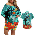 Custom Matildas ANZAC Day Couples Matching Off Shoulder Short Dress and Hawaiian Shirt Lest We Forget Poppies Mix Camouflage Turquoise