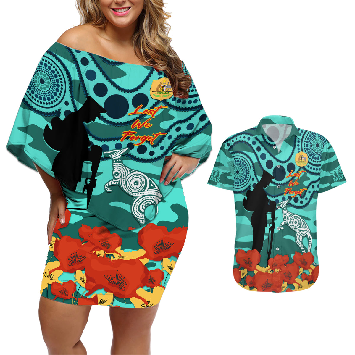 Custom Matildas ANZAC Day Couples Matching Off Shoulder Short Dress and Hawaiian Shirt Lest We Forget Poppies Mix Camouflage Turquoise