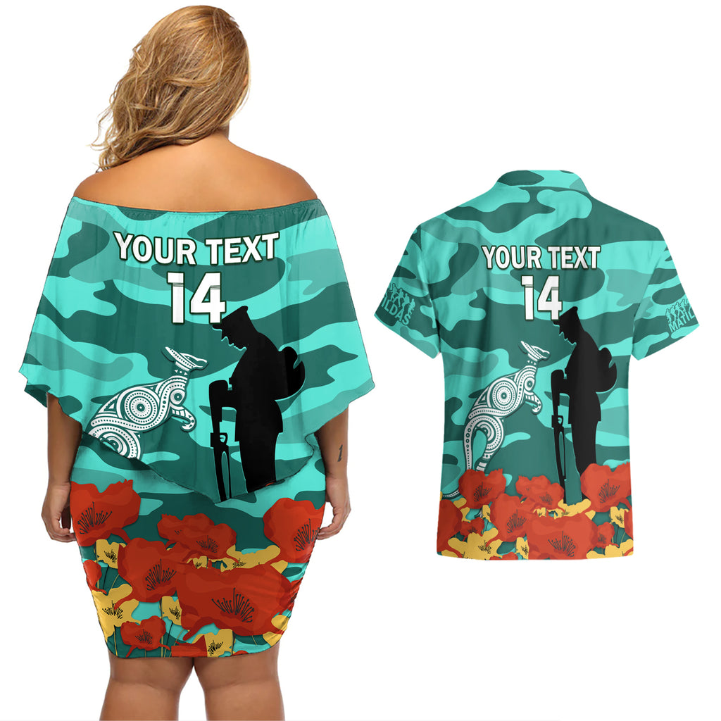 Custom Matildas ANZAC Day Couples Matching Off Shoulder Short Dress and Hawaiian Shirt Lest We Forget Poppies Mix Camouflage Turquoise