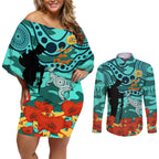 Custom Matildas ANZAC Day Couples Matching Off Shoulder Short Dress and Long Sleeve Button Shirt Lest We Forget Poppies Mix Camouflage Turquoise
