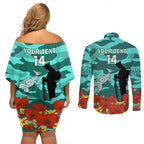 Custom Matildas ANZAC Day Couples Matching Off Shoulder Short Dress and Long Sleeve Button Shirt Lest We Forget Poppies Mix Camouflage Turquoise