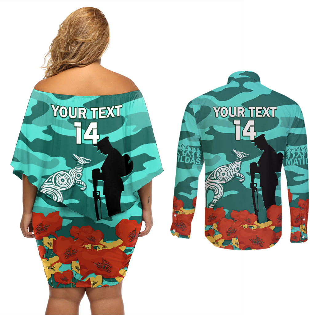 Custom Matildas ANZAC Day Couples Matching Off Shoulder Short Dress and Long Sleeve Button Shirt Lest We Forget Poppies Mix Camouflage Turquoise