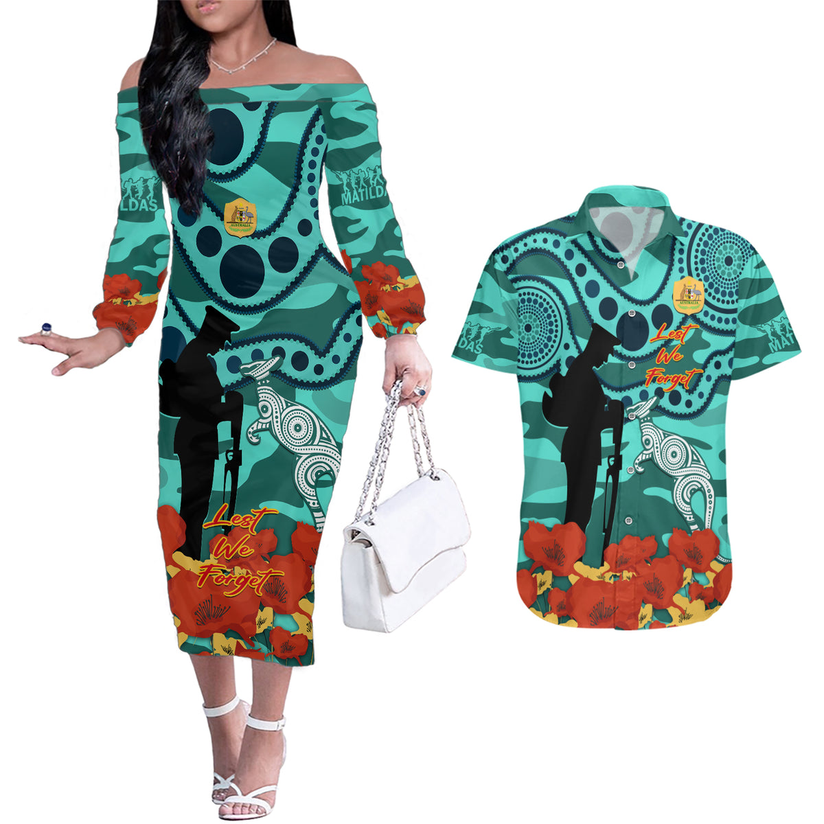 Custom Matildas ANZAC Day Couples Matching Off The Shoulder Long Sleeve Dress and Hawaiian Shirt Lest We Forget Poppies Mix Camouflage Turquoise
