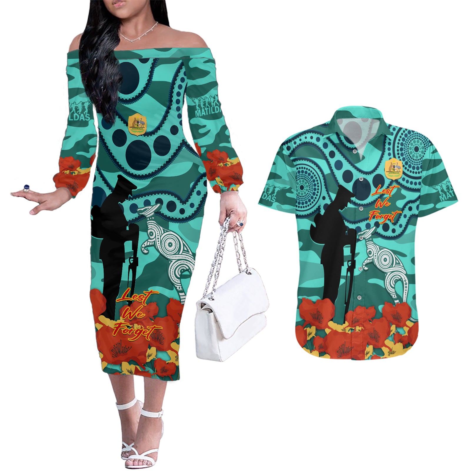 Custom Matildas ANZAC Day Couples Matching Off The Shoulder Long Sleeve Dress and Hawaiian Shirt Lest We Forget Poppies Mix Camouflage Turquoise