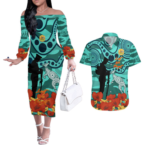 Custom Matildas ANZAC Day Couples Matching Off The Shoulder Long Sleeve Dress and Hawaiian Shirt Lest We Forget Poppies Mix Camouflage Turquoise