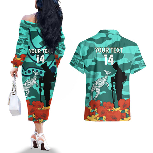 Custom Matildas ANZAC Day Couples Matching Off The Shoulder Long Sleeve Dress and Hawaiian Shirt Lest We Forget Poppies Mix Camouflage Turquoise