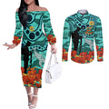 Custom Matildas ANZAC Day Couples Matching Off The Shoulder Long Sleeve Dress and Long Sleeve Button Shirt Lest We Forget Poppies Mix Camouflage Turquoise