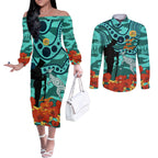Custom Matildas ANZAC Day Couples Matching Off The Shoulder Long Sleeve Dress and Long Sleeve Button Shirt Lest We Forget Poppies Mix Camouflage Turquoise