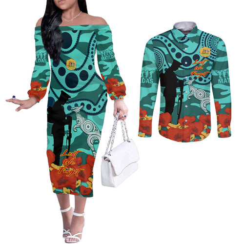 Custom Matildas ANZAC Day Couples Matching Off The Shoulder Long Sleeve Dress and Long Sleeve Button Shirt Lest We Forget Poppies Mix Camouflage Turquoise