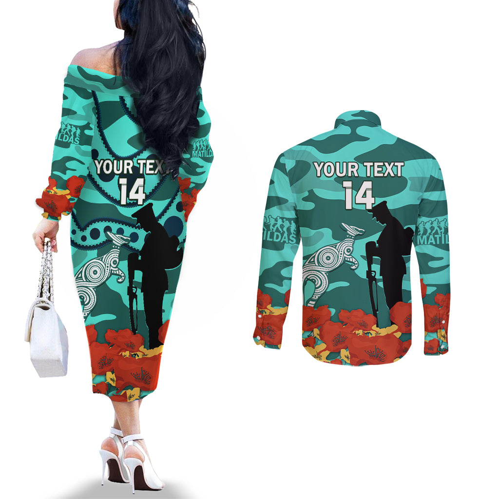 Custom Matildas ANZAC Day Couples Matching Off The Shoulder Long Sleeve Dress and Long Sleeve Button Shirt Lest We Forget Poppies Mix Camouflage Turquoise