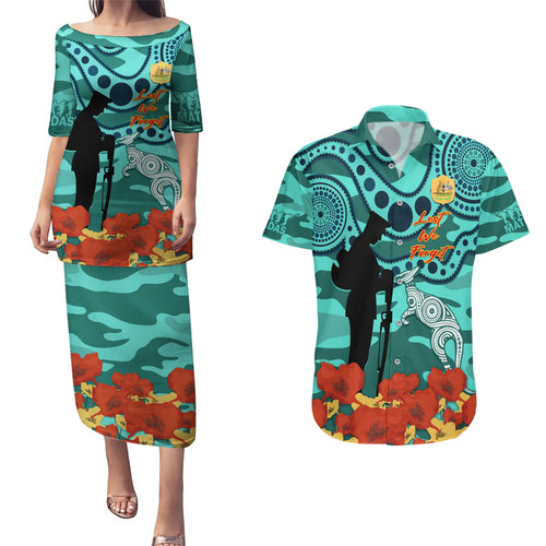 Custom Matildas ANZAC Day Couples Matching Puletasi and Hawaiian Shirt Lest We Forget Poppies Mix Camouflage Turquoise