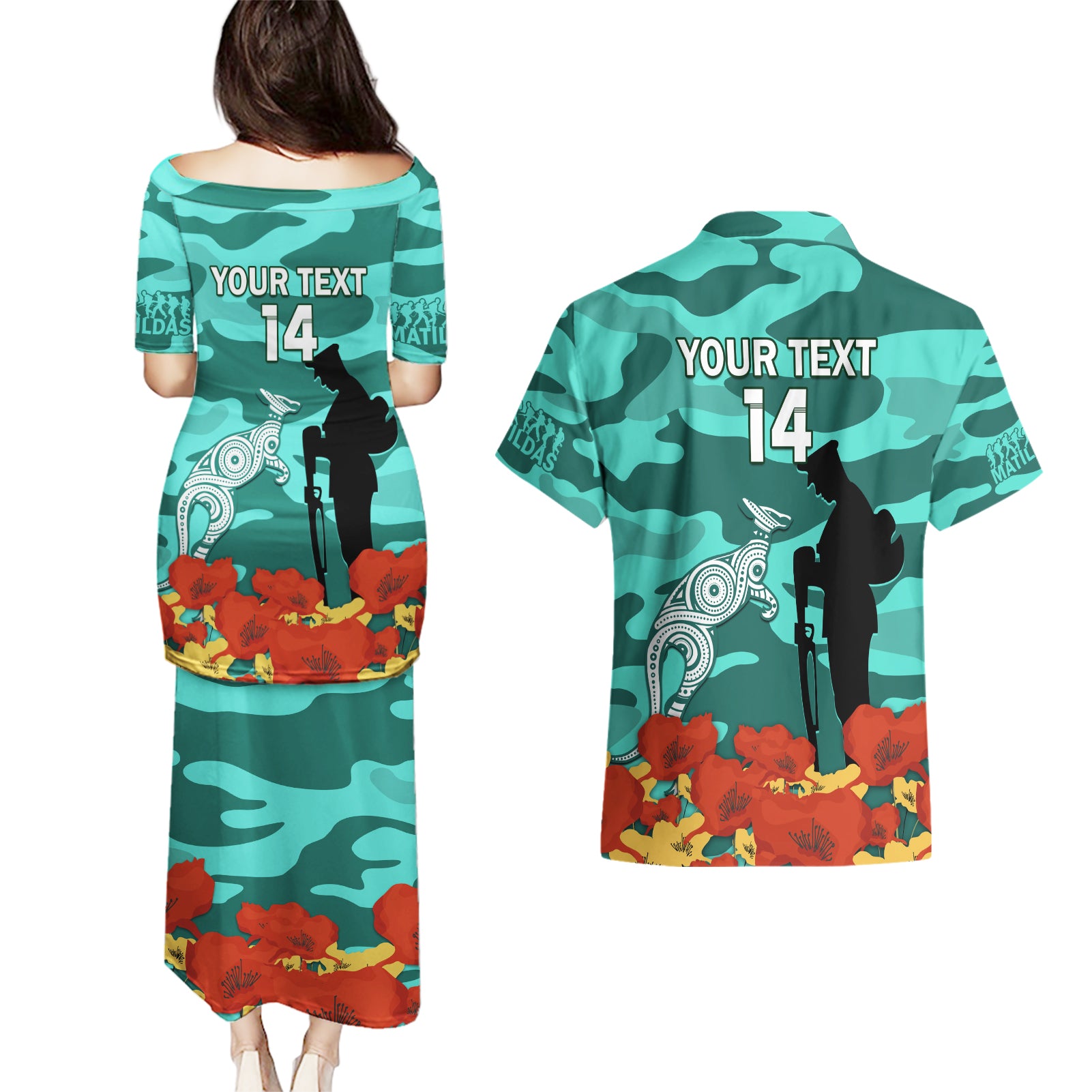 Custom Matildas ANZAC Day Couples Matching Puletasi and Hawaiian Shirt Lest We Forget Poppies Mix Camouflage Turquoise