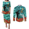Custom Matildas ANZAC Day Couples Matching Puletasi and Long Sleeve Button Shirt Lest We Forget Poppies Mix Camouflage Turquoise
