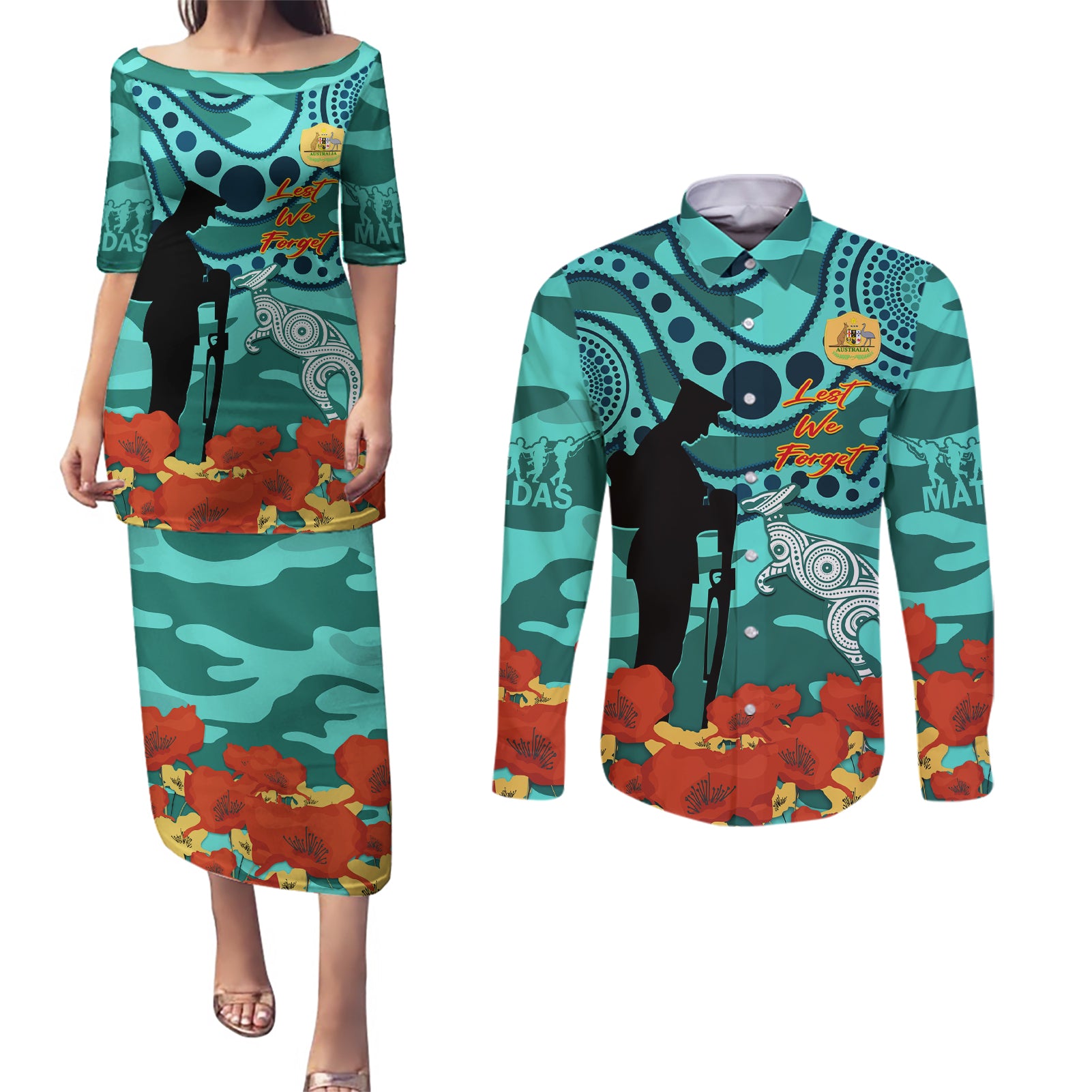 Custom Matildas ANZAC Day Couples Matching Puletasi and Long Sleeve Button Shirt Lest We Forget Poppies Mix Camouflage Turquoise
