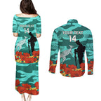 Custom Matildas ANZAC Day Couples Matching Puletasi and Long Sleeve Button Shirt Lest We Forget Poppies Mix Camouflage Turquoise