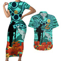Custom Matildas ANZAC Day Couples Matching Short Sleeve Bodycon Dress and Hawaiian Shirt Lest We Forget Poppies Mix Camouflage Turquoise