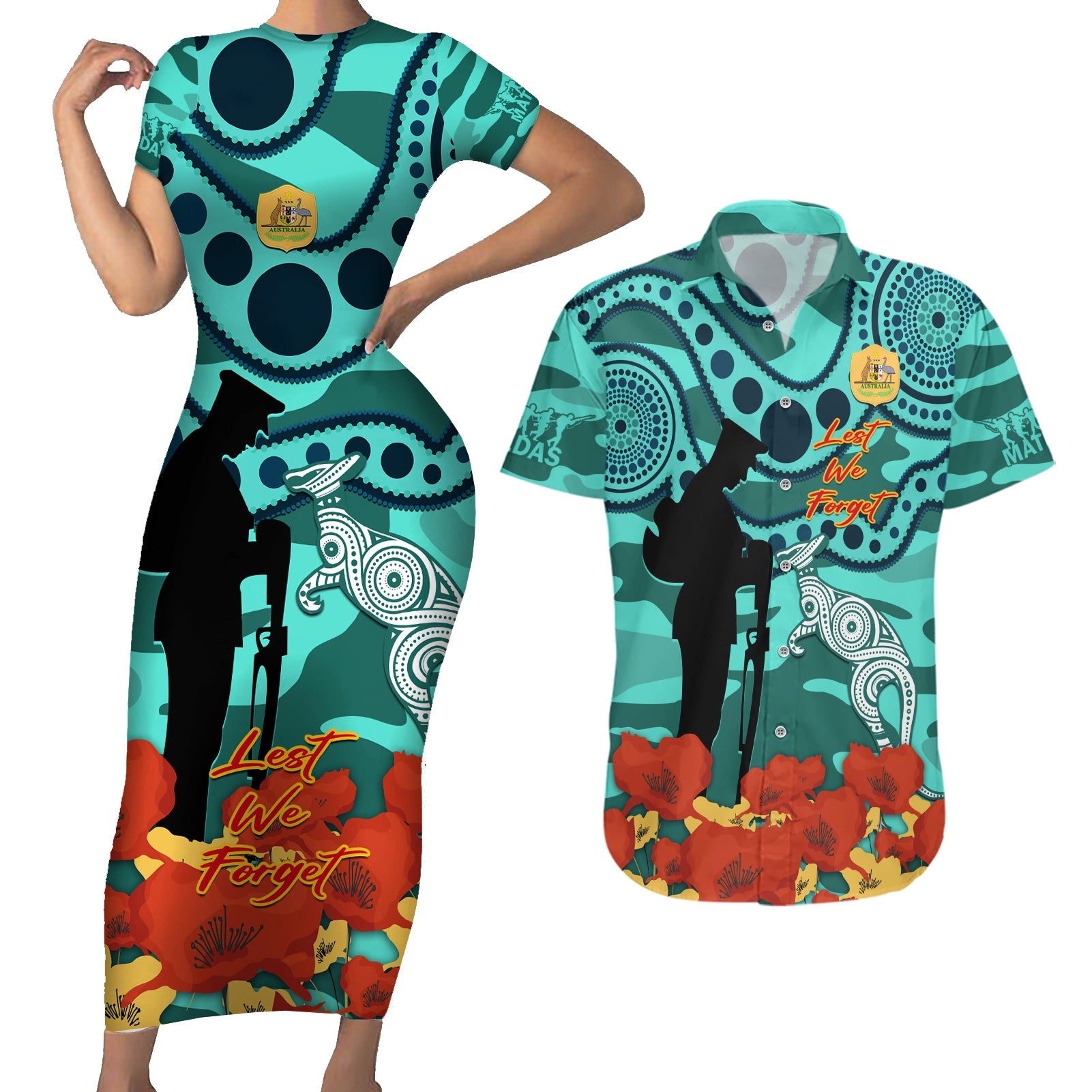 Custom Matildas ANZAC Day Couples Matching Short Sleeve Bodycon Dress and Hawaiian Shirt Lest We Forget Poppies Mix Camouflage Turquoise