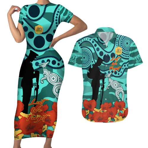 Custom Matildas ANZAC Day Couples Matching Short Sleeve Bodycon Dress and Hawaiian Shirt Lest We Forget Poppies Mix Camouflage Turquoise