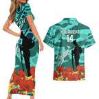 Custom Matildas ANZAC Day Couples Matching Short Sleeve Bodycon Dress and Hawaiian Shirt Lest We Forget Poppies Mix Camouflage Turquoise
