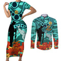 Custom Matildas ANZAC Day Couples Matching Short Sleeve Bodycon Dress and Long Sleeve Button Shirt Lest We Forget Poppies Mix Camouflage Turquoise