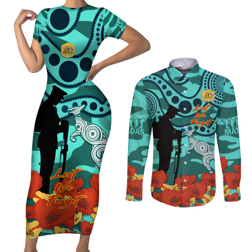 Custom Matildas ANZAC Day Couples Matching Short Sleeve Bodycon Dress and Long Sleeve Button Shirt Lest We Forget Poppies Mix Camouflage Turquoise
