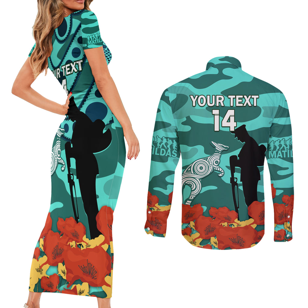 Custom Matildas ANZAC Day Couples Matching Short Sleeve Bodycon Dress and Long Sleeve Button Shirt Lest We Forget Poppies Mix Camouflage Turquoise