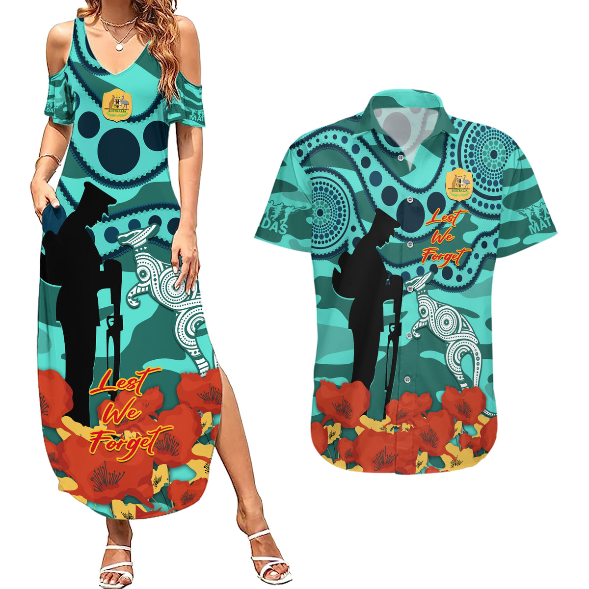 Custom Matildas ANZAC Day Couples Matching Summer Maxi Dress and Hawaiian Shirt Lest We Forget Poppies Mix Camouflage Turquoise