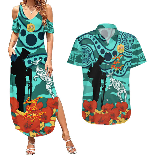 Custom Matildas ANZAC Day Couples Matching Summer Maxi Dress and Hawaiian Shirt Lest We Forget Poppies Mix Camouflage Turquoise