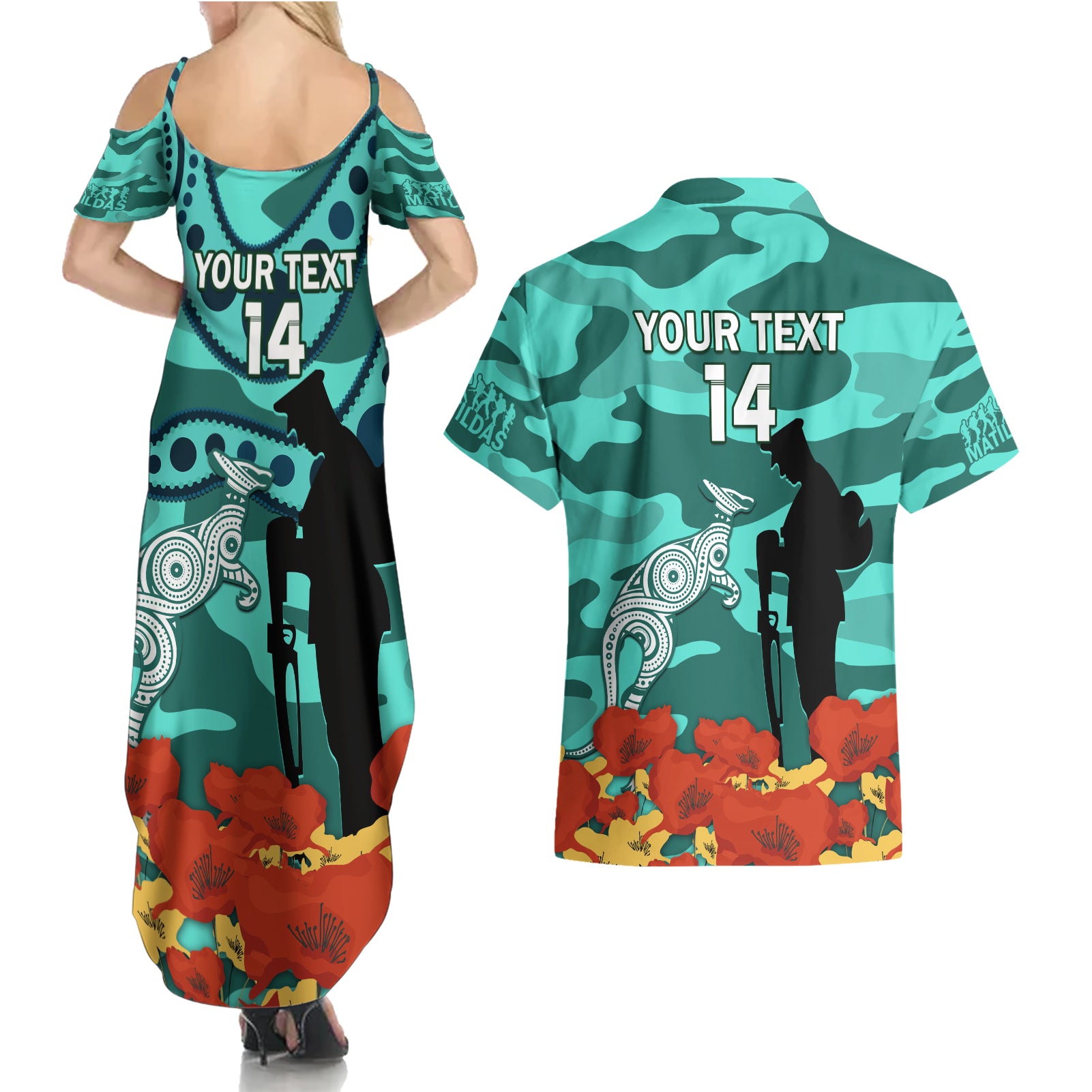 Custom Matildas ANZAC Day Couples Matching Summer Maxi Dress and Hawaiian Shirt Lest We Forget Poppies Mix Camouflage Turquoise