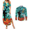 Custom Matildas ANZAC Day Couples Matching Summer Maxi Dress and Long Sleeve Button Shirt Lest We Forget Poppies Mix Camouflage Turquoise