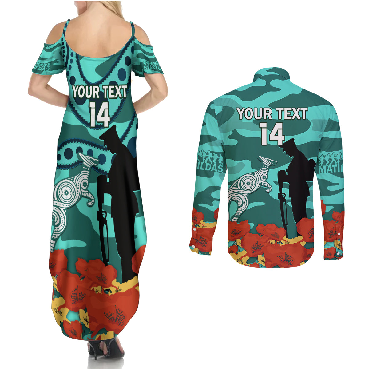 Custom Matildas ANZAC Day Couples Matching Summer Maxi Dress and Long Sleeve Button Shirt Lest We Forget Poppies Mix Camouflage Turquoise